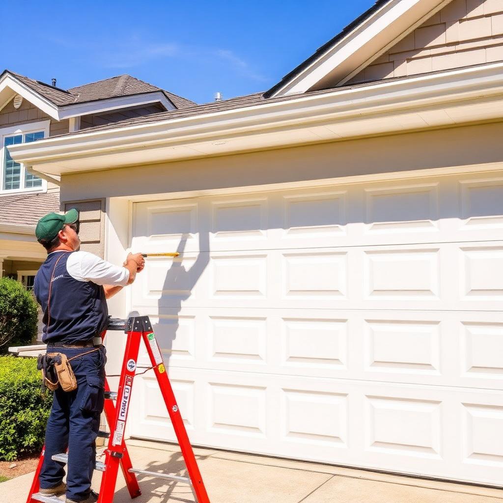 Professional technician installing new garage door panel on residential home