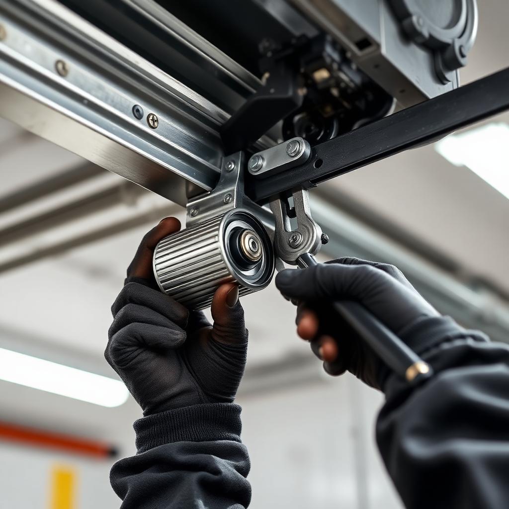 Technician hands repairing garage door roller mechanism with professional tools